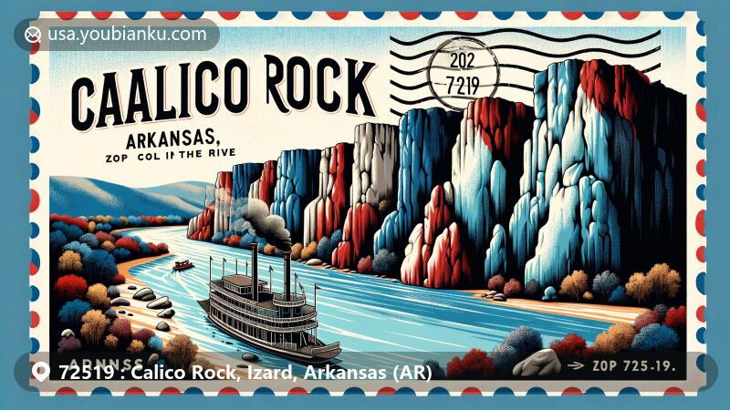 Modern illustration of Calico Rock, Arkansas, displaying colorful cliffs along the White River in blue, black, gray, red, and orange hues, reminiscent of calico fabric, with a historic steamboat sailing on the river.