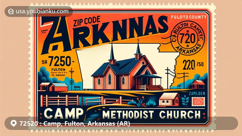 Modern illustration of Camp, Fulton County, Arkansas, featuring ZIP Code 72520 and Camp Methodist Church, blending Arkansas silhouette with vintage postal elements in a vibrant style.