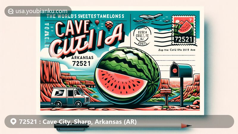 Modern illustration of Cave City, Arkansas, showcasing the world’s sweetest watermelon and symbolic cave representing city name origin, set against iconic landscape backdrop, featuring postal elements like airmail envelope outline, stamp with watermelon and cave illustrations, and ZIP code 72521, with added imagery of mailbox and mail truck, emphasizing postal theme, creative and suitable for modern web design.