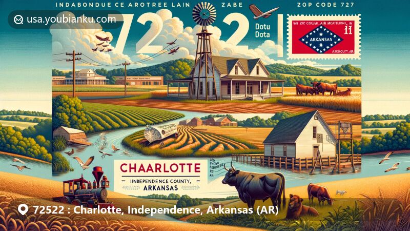 Modern illustration of Charlotte, Independence County, Arkansas, highlighting rich farmlands, grazing lands, and Bayou Dota Academy, with postal motifs like vintage air mail envelope, Arkansas state flag stamp, and Charlotte postmark.