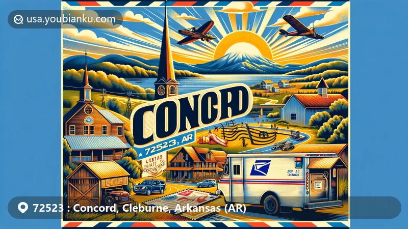 Modern illustration of Concord, AR, Cleburne County, highlighting the natural beauty at the base of the Ozark Mountains, historical significance with Native American heritage and Brock family roots, and a creative postal theme with vintage postcard elements and ZIP code 72523.