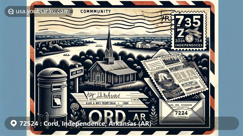 Modern illustration of Cord, Independence, Arkansas, depicting a creative postal theme with vintage postcard and envelope, featuring Cumberland Presbyterian Church and ZIP code 72524, set against backdrop of Arkansas's natural flora and Black and White rivers.