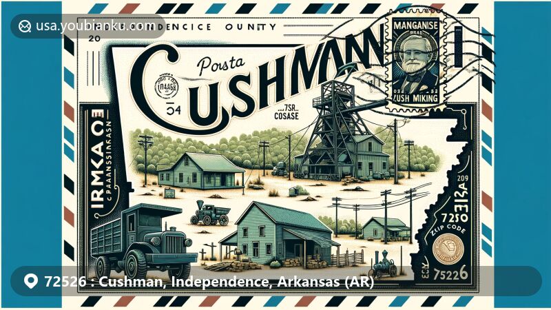 Modern illustration of Cushman, Independence County, Arkansas, showcasing postal theme with ZIP code 72526, featuring historical manganese mining industry scenes and vintage postal elements.