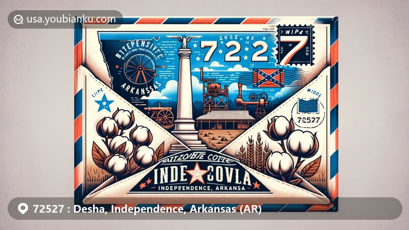 Modern illustration of Desha, Independence, Arkansas, showcasing postal theme with ZIP code 72527, featuring Batesville Confederate Monument, cotton plant, pioneer settlers' journey, and Arkansas map with Desha star.