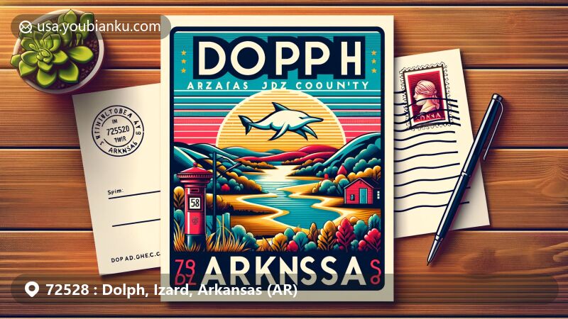 Creative illustration of Dolph, Izard County, Arkansas, highlighting ZIP code 72528 and regional features in a modern style, including natural scenery, post office, Arkansas state flag, and postal-themed decorations.