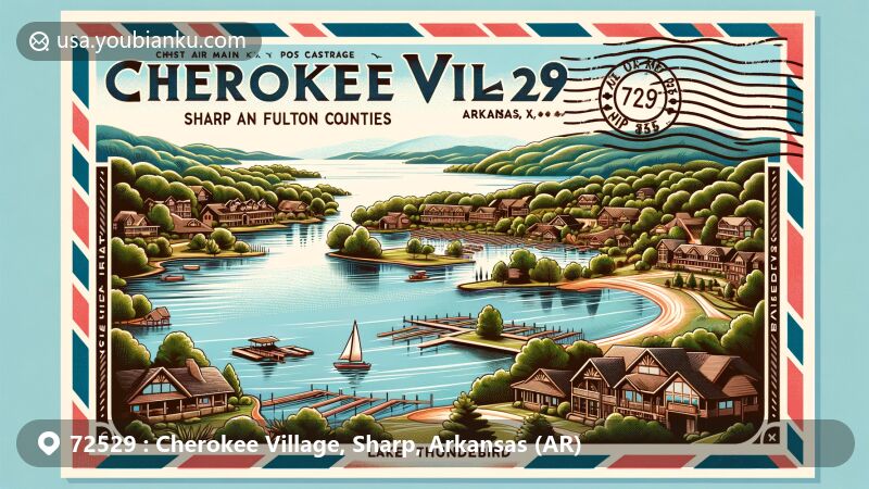 Modern illustration of Cherokee Village in Sharp and Fulton counties, Arkansas, highlighting natural landscape, South Fork River, and Lake Thunderbird, representing resort and retirement community.