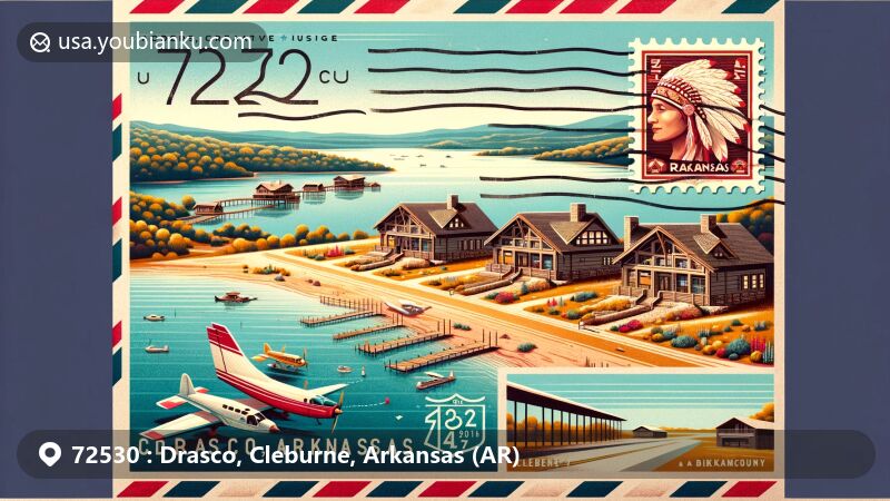 Modern illustration of Drasco area, Cleburne County, Arkansas, featuring air mail envelope with detailed map, highlighting ZIP code 72530 and Drasco's historical connections to Osage and Blackfoot Indians, with Tannenbaum lakeside community and Greers Ferry Lake in the background.