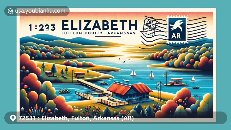 Modern illustration of Elizabeth, Fulton County, Arkansas, featuring postal theme with ZIP code 72531, showcasing serene rural landscape with fishing deck, picnic area, and Ouachita National Forest views.