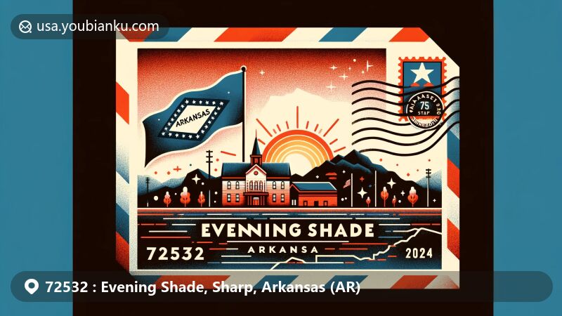 Modern illustration of Evening Shade, Sharp County, Arkansas, themed around ZIP code 72532, featuring historical landmarks and natural beauty, with a focus on postal communication and Arkansas state identity.
