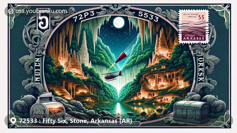 Modern illustration of Fifty Six, Stone County, Arkansas, with ZIP code 72533, showcasing Blanchard Springs Caverns and Ozark National Forest, featuring starry sky and annual Caroling in the Caverns event.