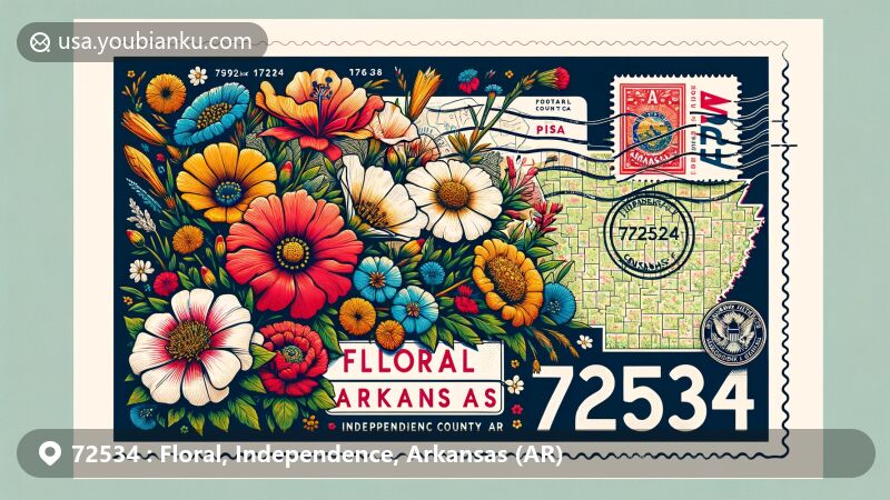 Creative and modern illustration showcasing the natural beauty of Floral, Arkansas, with an abundance of flowers, state flag of Arkansas, and vintage postal elements for ZIP code 72534.