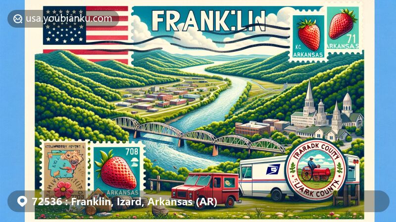 Modern illustration of Franklin, Izard County, Arkansas, featuring scenic Ozark Mountains and Strawberry River, with iconic symbols of Arkansas state flag, Izard County map, and vintage postal elements.