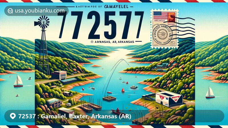 Modern illustration of Gamaliel, Baxter County, Arkansas, featuring postal theme with ZIP code 72537, showcasing Ozark Plateau hills, Norfork Lake waters, and leisure activities like fishing and boating.