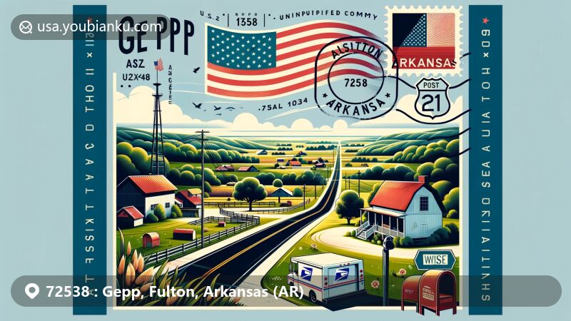Modern illustration of Gepp, Fulton County, Arkansas, showcasing the countryside and highways U.S. Routes 62 and 412, with Arkansas state flag and vintage postcard style, featuring ZIP code 72538 and postal motifs.