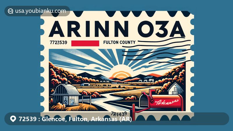 Modern illustration of Glencoe, Fulton County, Arkansas, inspired by postal theme with ZIP code 72539, featuring Arkansas state elements, Fulton County outline, and iconic Glencoe landmarks like the Ozarks and rolling hills.