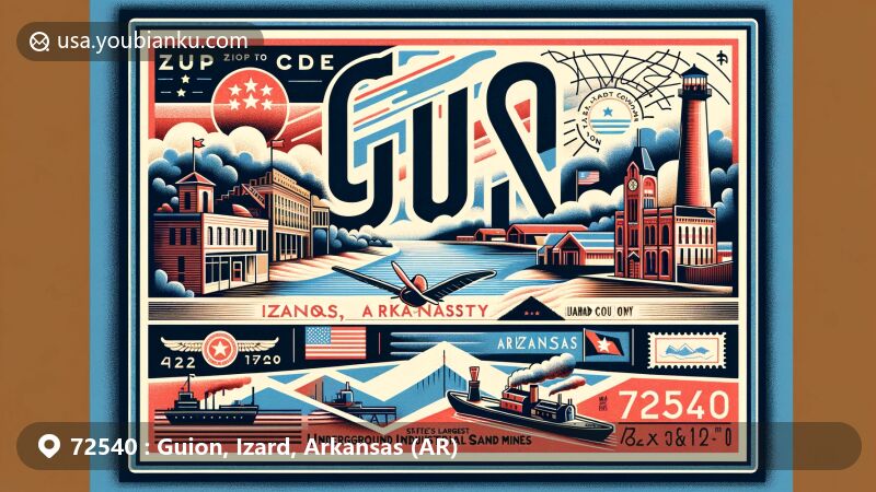 Modern illustration of Guion, Izard County, Arkansas, showcasing postal theme with ZIP code 72540, featuring White River, industrial sand mines, state symbols, and vintage postal elements.