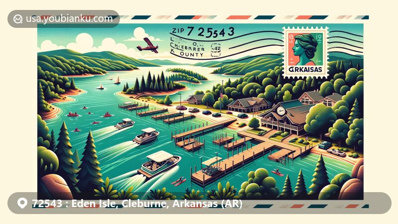 Modern illustration of Eden Isle, Cleburne County, Arkansas, highlighting tranquil landscape with Greers Ferry Lake, Eden Isle Marina, and Ozarks region. Includes vintage air mail envelope with ZIP code 72543 and Arkansas symbols.