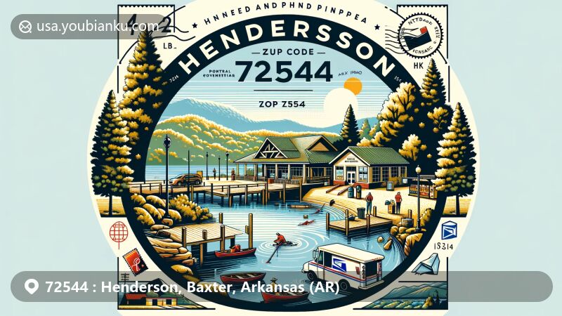 Modern illustration of Henderson, Baxter County, Arkansas, featuring Norfork Lake and postal elements, showcasing ZIP code 72544, depicting local post office and outdoor activities like hiking and fishing.