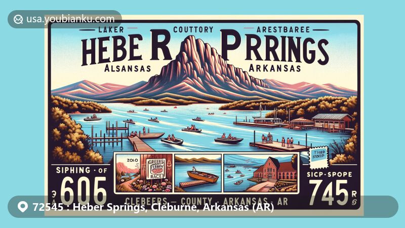 Modern illustration of Heber Springs, Cleburne County, Arkansas, showcasing ZIP code 72545 with rich history and natural beauty, featuring Greers Ferry Lake, Sugarloaf Mountain, and local cultural symbols.