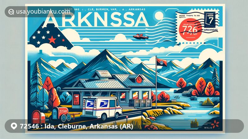 Modern illustration of Ida, Cleburne County, Arkansas, showcasing postal theme with ZIP code 72546, featuring Ozark Mountains and Arkansas state flag.