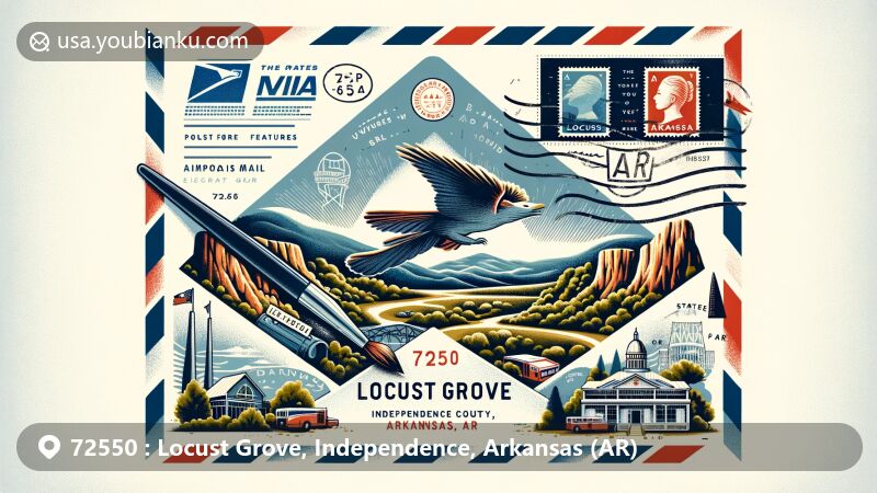 Modern illustration of Locust Grove, Independence County, Arkansas (AR), with postal theme and ZIP code 72550, featuring Brock Mountain, Foushee Cave, and Arkansas state symbols.
