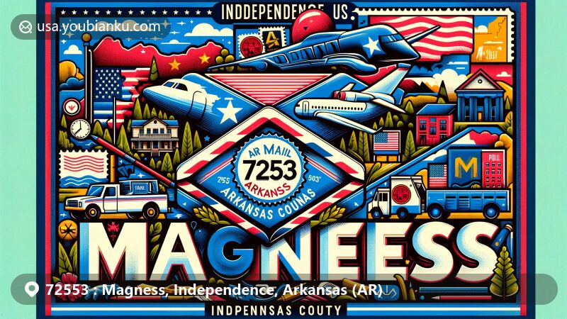 Modern illustration of Magness, Arkansas area centered around a creative airmail envelope, featuring symbolic elements like Arkansas state flag, Arkansas Highway 69, and typical landscapes. ZIP code 72553 is prominently displayed on the envelope, with stamps showcasing local landmarks. Postal truck in background symbolizes delivery, along with a mailbox labeled 'Magness'.