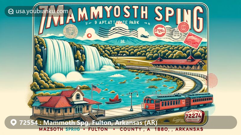 Modern illustration of ZIP Code 72554, Mammoth Spring, Fulton County, Arkansas, highlighting Mammoth Spring State Park with its massive spring and historical landmarks, complemented by Fulton County map outline, Arkansas flag, and vintage postal elements.