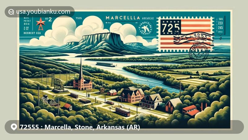 Modern illustration of Marcella, Stone County, Arkansas, highlighting ZIP code 72555, showcasing the area's postal and geographical uniqueness, featuring an aerial view of the Ozark Mountains, lush rolling hills, historical significance like Civil War ferries and Hess houses, and a postal theme with Arkansas state flag.