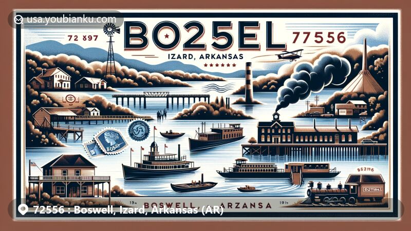 Modern illustration of Boswell, Izard, Arkansas, showcasing postal theme with ZIP code 72556, featuring White River transportation history, steamboats, railroad, and historic school building.