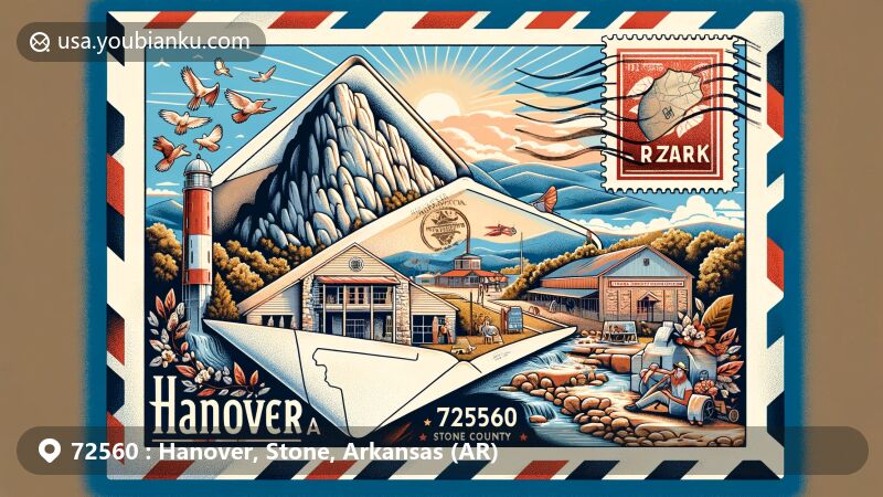 Modern illustration of Hanover, Stone County, Arkansas, showcasing vintage airmail envelope with open view of Cow Mountain in Ozark Mountains landscape. Includes Ozark Folk Center, traditional crafts, and lively community activities.