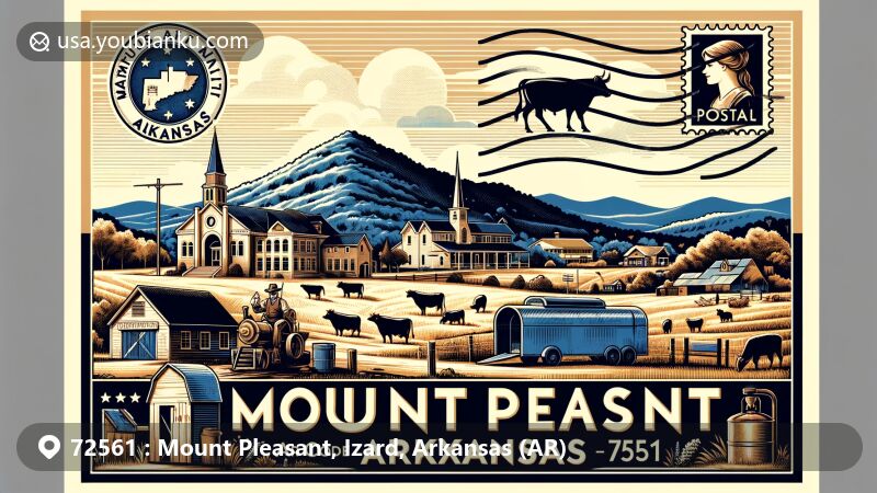 Modern illustration of Mount Pleasant, Izard County, Arkansas with ZIP code 72561, capturing the rural charm and iconic elements of the area. The artwork showcases the scenic Ozark Mountains, historic schools and blacksmith shops, along with livestock. A vintage postcard or airmail envelope layout featuring a stamp representing Arkansas, a postmark with 72561 ZIP code, and a classic mailbox or postal vehicle is included. 'Mount Pleasant' and 'AR' elegantly highlighted in clear fonts, vibrant colors portraying community pride and natural beauty.