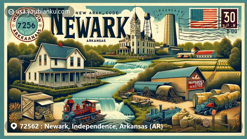 Modern illustration of Newark, Independence, Arkansas (AR), showcasing historical sites like the Dearing House and agricultural roots in cotton and rice production, with modern elements like Cedar Ridge School District and Independence Steam Electric Station, set against the natural backdrop of White and Black Rivers, framed in an airmail envelope with vintage-style stamps and postal motifs.