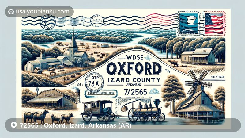 Modern illustration of Oxford, Izard County, Arkansas, capturing the essence of the area with forests, pastures, and historic elements like a cotton mill, grist mill, and cotton gin. The artwork features a vintage air mail envelope, showcasing Oxford's natural beauty and historical significance, with postal symbols including a postage stamp of Arkansas and ZIP code 72565, a postal mark, and an antique postal car.