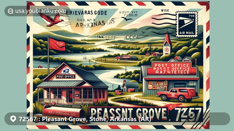 Modern illustration of Pleasant Grove, Stone County, Arkansas with ZIP code 72567, featuring vintage postcard theme, Arkansas state flag, White River, and Penters Bluff, blending postal elements with natural beauty.
