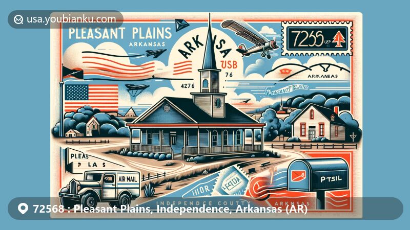 Modern illustration of Pleasant Plains, Arkansas, blending regional features and postal theme, featuring historical school or church, Arkansas flag, county outline, and natural scenery, with creative postal elements like airmail envelope, '72568' ZIP code stamp, 'Pleasant Plains' text, postmark effect, and illustrations of mailbox and mail truck.
