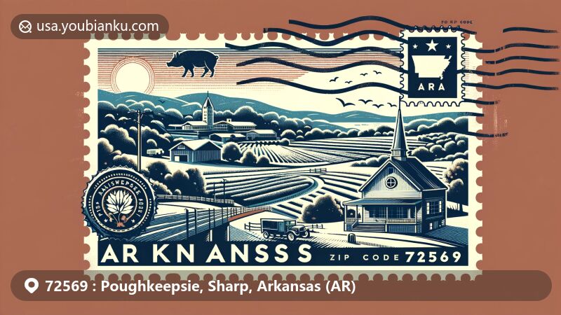 Modern illustration of Poughkeepsie, Sharp County, Arkansas, showcasing postal theme with ZIP code 72569, featuring Cherry Farm and Arkansas state symbols.