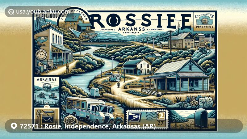 Modern illustration of Rosie, Arkansas 72571, depicting unique geographical features and postal elements, showcasing natural transition from plains to Ozark hills, proximity to White River, highlighting natural beauty and river culture. Features historical first post office, pioneer settlers, emphasizing Rosie's historical significance. Includes postal symbols like vintage post office building, mailbox, and stamped envelope. Suitable for postal-themed webpage, with 'Rosie, AR 72571' text, in wide format (1792x1024 pixels).