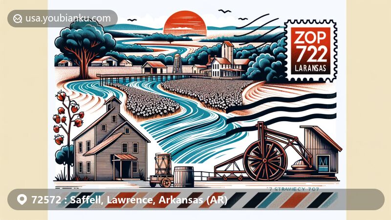 Modern illustration of Saffell, Lawrence County, Arkansas, capturing the confluence of Strawberry and Black rivers, emphasizing the agricultural heritage with the historical Saffell Gin and vibrant farming community atmosphere.