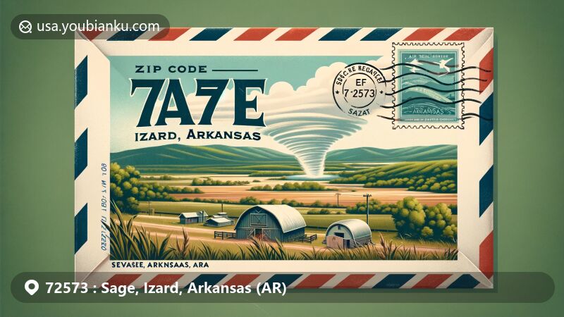 Modern illustration of Sage, Izard, Arkansas, featuring rural charm and recovery from tornado, with Arkansas state flag and vintage air mail envelope, showcasing natural beauty of Ozark Mountains.