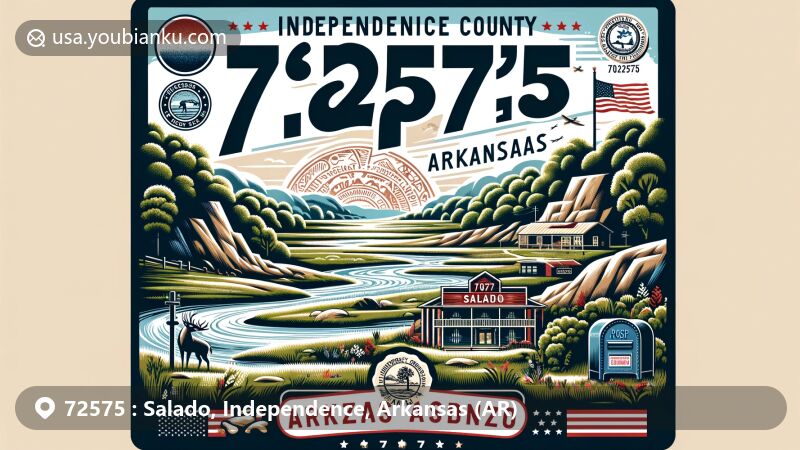 Modern illustration of Salado, Independence County, Arkansas, showcasing Ozark foothills, historic Goff Petroglyph Site, Arkansas state flag, postal theme with ZIP code 72575, wildlife like white-tailed deer and honeybee, state tree pine, and state flower apple blossom.