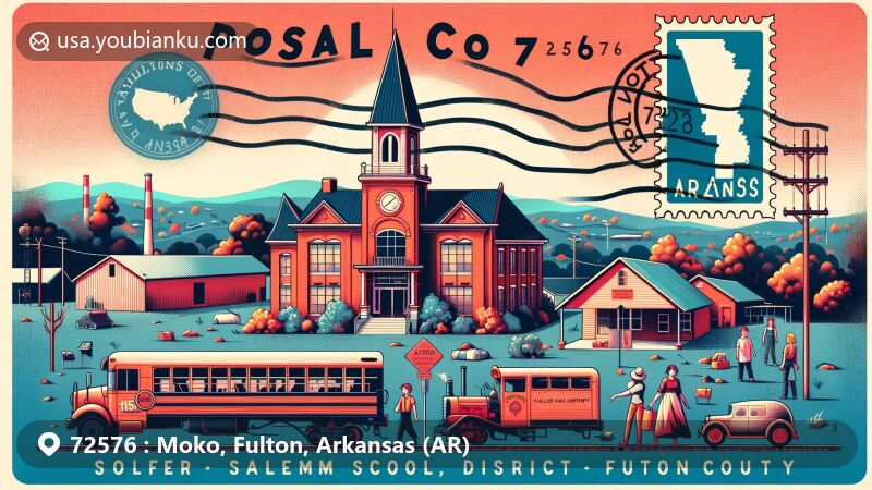 Modern illustration of Moko, Fulton County, Arkansas, infused with postal theme and local culture, highlighting Salem School District and natural beauty.