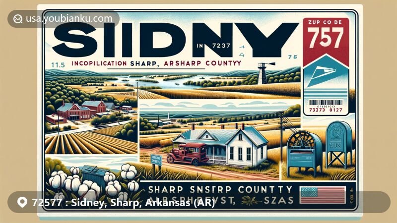 Modern illustration of Sidney, Sharp County, Arkansas, showcasing serene farming community along Sidney Creek, honoring history without glorifying Confederate cause, featuring cotton fields and vintage post office with ZIP code 72577.