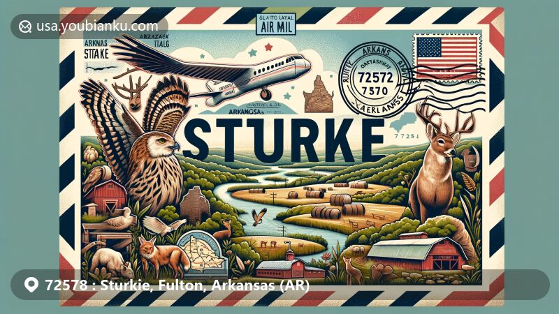 Modern illustration of Sturkie, Arkansas, featuring postal theme with ZIP code 72578, showcasing Ozark foothills, diverse wildlife, Arkansas state flag, Fulton County map, and agricultural symbols.