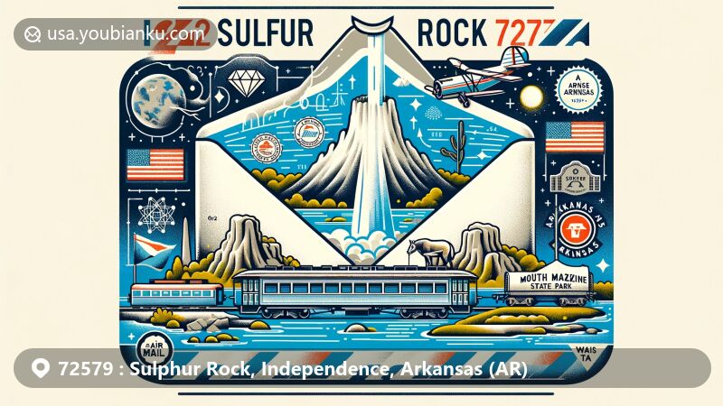 Contemporary illustration of Sulphur Rock, Arkansas, highlighting ZIP code 72579 with air mail envelope theme, featuring sulphur springs, White River, Arkansas state symbols, and historical education significance.