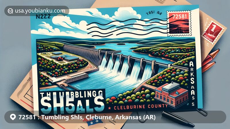 Modern illustration of Tumbling Shoals, Cleburne County, Arkansas, featuring Greers Ferry Dam and Arkansas state outline, with postal theme highlighting ZIP Code 72581.