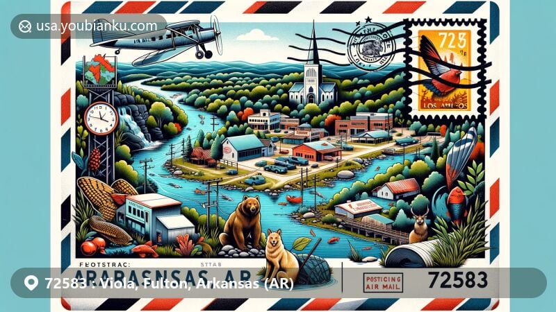 Modern illustration of Viola, Arkansas, Fulton County, featuring the town's landscape, hunting and fishing history, and present-day community life with Los Amigos restaurant, including postal elements like air mail envelope, vintage stamps, and ZIP code 72583.