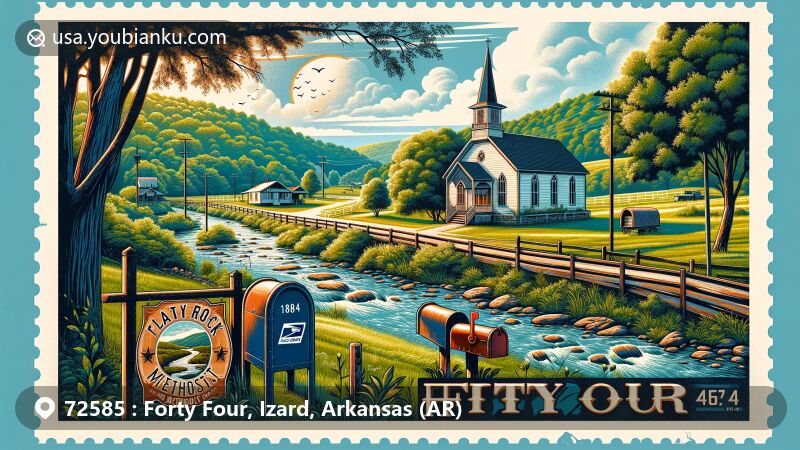 Modern illustration of Forty Four community, Izard County, Arkansas, featuring Flat Rock Methodist Church built in 1873 near Flat Rock Creek, surrounded by lush greenery and tranquil landscape, with postal history elements like post office sign and vintage mailbox showcasing ZIP code 72585.