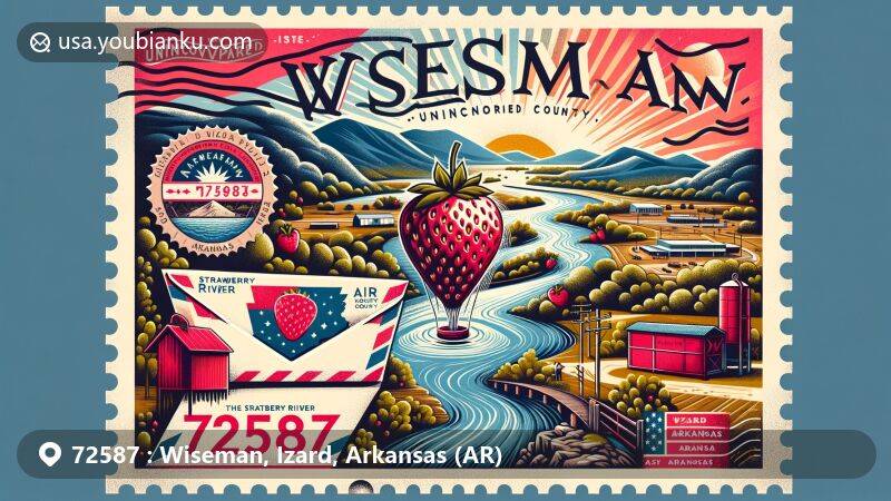 Modern illustration of Wiseman, Izard County, Arkansas, showcasing postal theme with ZIP code 72587, featuring Strawberry River, Izard County outline, state flag, air mail envelope, postmark, and red postal box.