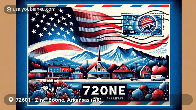 Modern illustration of Zinc, Boone County, Arkansas, featuring postal theme with ZIP code 72601, incorporating elements of Arkansas state flag and hinting at the county's natural beauty, such as mountains, rivers, or forests. The foreground depicts a stylized typical American small town scene, possibly symbolizing Zinc, with features like a small church, historic buildings, or rural roads. A large, creative airmail envelope in the center of the image, with a stamp depicting Arkansas state flag or a famous landmark, and a clear postmark '72601 Zinc, AR'. Overall style is modern illustration, suitable for web use, vibrant and eye-catching.