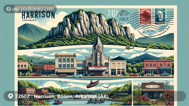 Modern illustration of Harrison, Arkansas, capturing the essence of Ozark Mountains, featuring lush landscapes, limestone bluffs, historic Lyric Theater, and Buffalo National River activities.